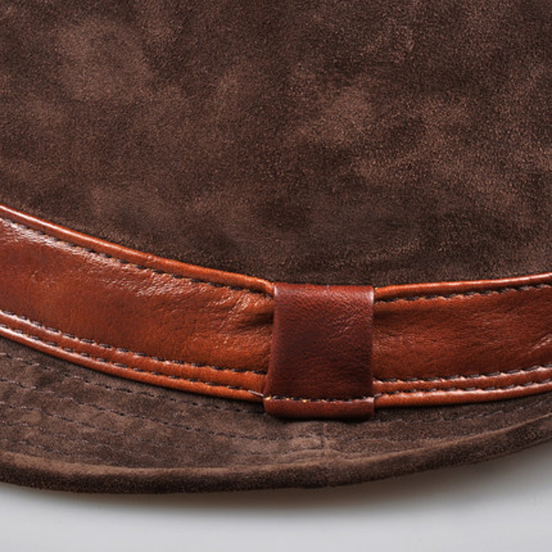 Men Genuine Leather Suede Cow Skin Hats Nubuck Brown Fedoras Women Gentleman Male Jazz Hip Pop Caps 56-60cm Fitted Hat