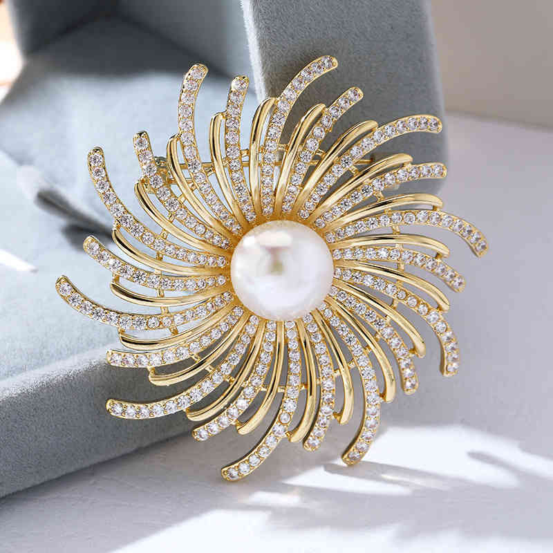 Copper Micro Inlaid Zircon Other Shore Flower Natural Freshwater Pearl Brooch Anti Light Buckle