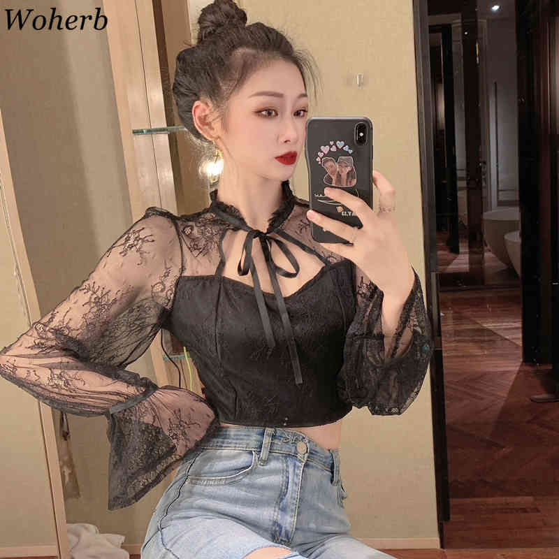 Women Shirt See Through Gauze Patchwork Lace Tops Bowkout Lace-up Stand Neck Hollow Out Flare Long Sleeve Crop Top Blouse 210519