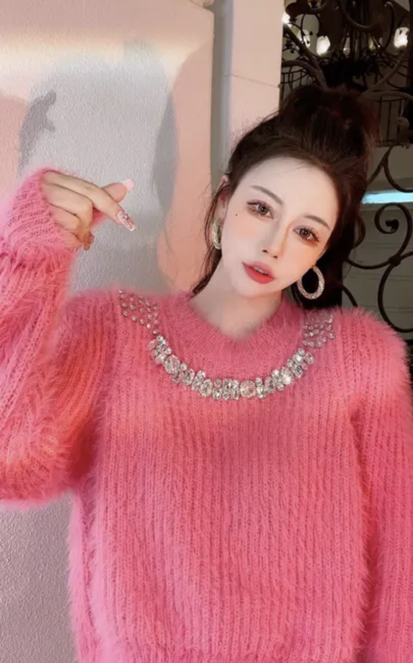 Autumn winter new womens o-neck luxury design rhinestone patchwork thickening warm short mohair wool knitted sweater jumper
