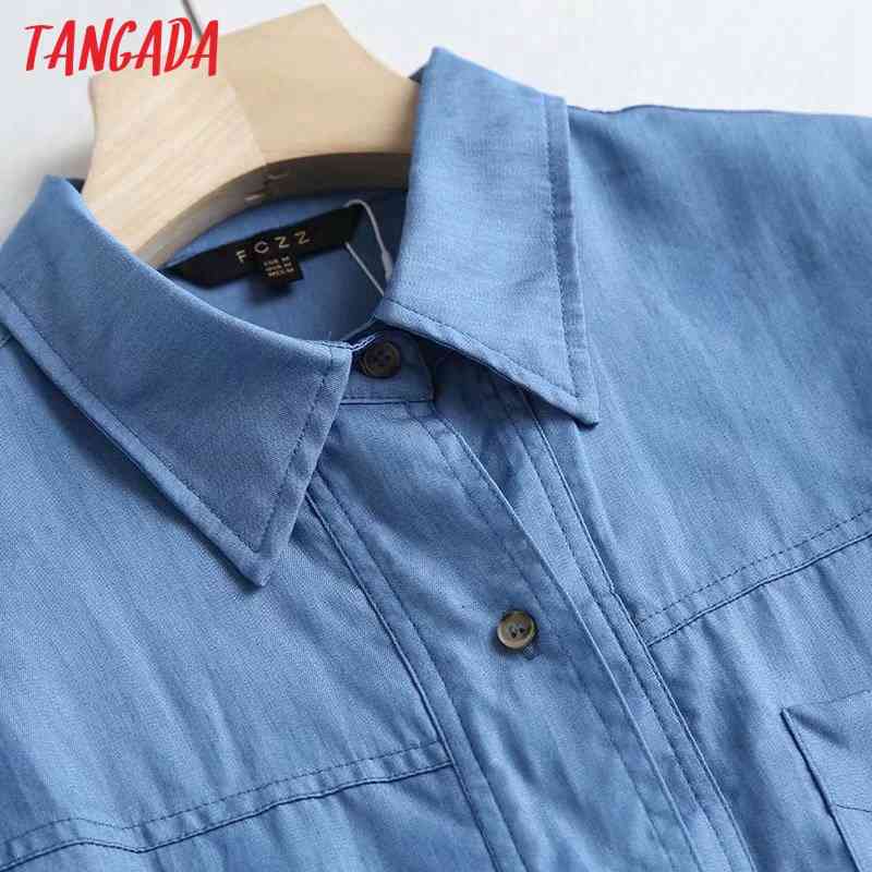 Women Elegant Blue Thin Denim Long Sleeve Chic Female Casual Loose Shirt Tops 4C68 210416