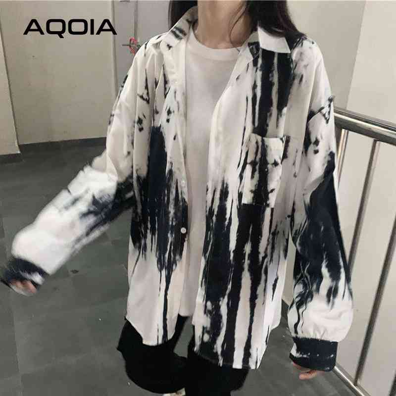 Hip Hop Button Women Blouse Tunic Shirt Tie dye Long Sleeve Oversize Ladies Shirts Summer Turn Down Collar Plus Size Tops 210521