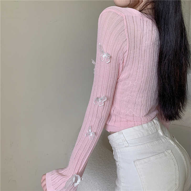 Butterfly Knit Cardigan Korean Sexy V-Neck Fitness Crop Tops Ladies Summer Thin Long Sleeved Sunscreen Jackets 210914