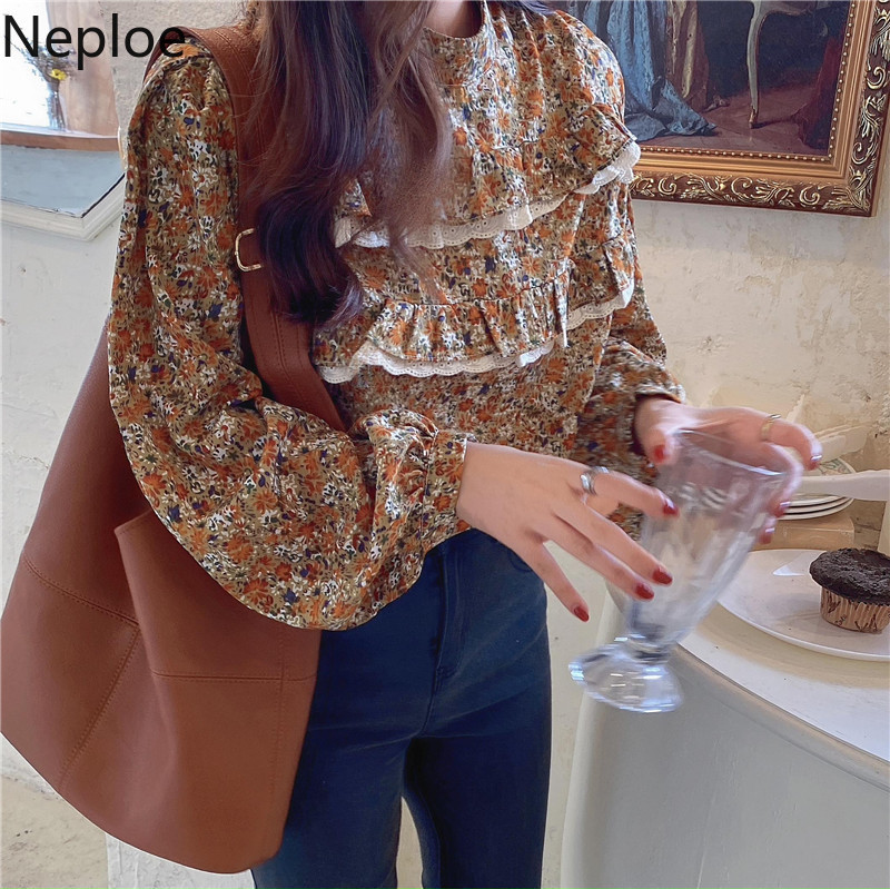 Neploe Korean Chic Vintage Shirt Stand Neck Loose Floral Blouses Women Lace Patchwork Ruffles Blouse Blusas Mujer De Moda 210422