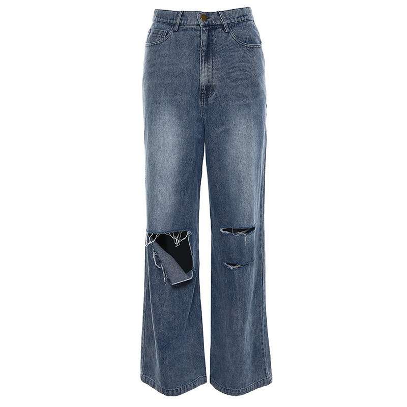 Women Pant Hole High Waist Denim Wide Leg Pants All Match Casual Jeans Trousers Fashion Long 210513