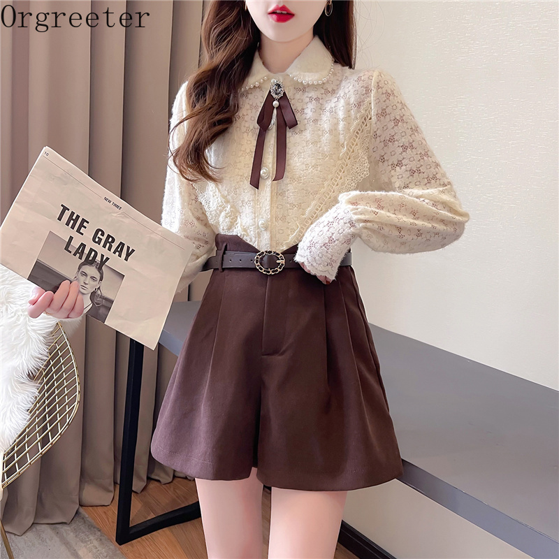 Arrival Women's Shirt and Shorts Two Piece set Bowknot Peter pan collar Lace + High waist Suits With Belt 210525, Beige
Arrival Women's Shirt and Shorts Two Piece set Bowknot Peter pan collar Lace + High waist Suits With Belt 210525, Beige