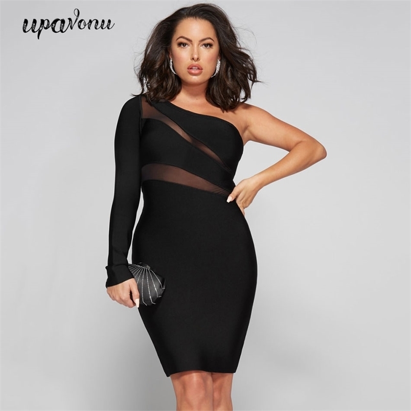 Free Women Sexy Bandage Dress Black One Shoulder Long Sleeve Mesh Bodycon Halter Club Party Vestidos 210524