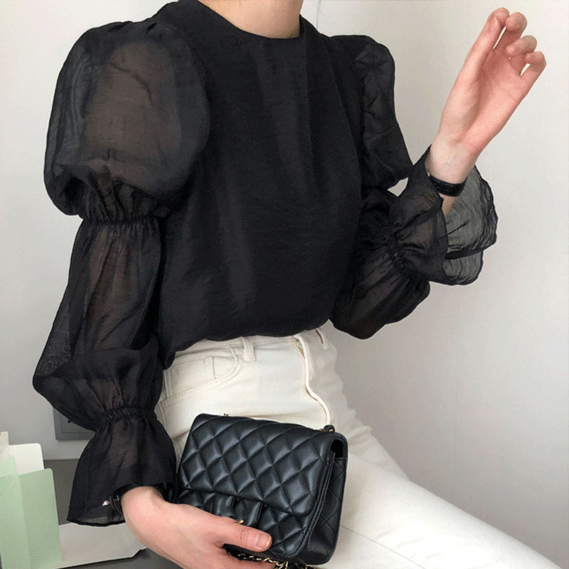 Nomikuma Women Blouses Causal O-neck Back Bow Tie Shirt Pleated Puff Long Sleeve Solid Spring New Blusas Feminimos Top 6E012 210427