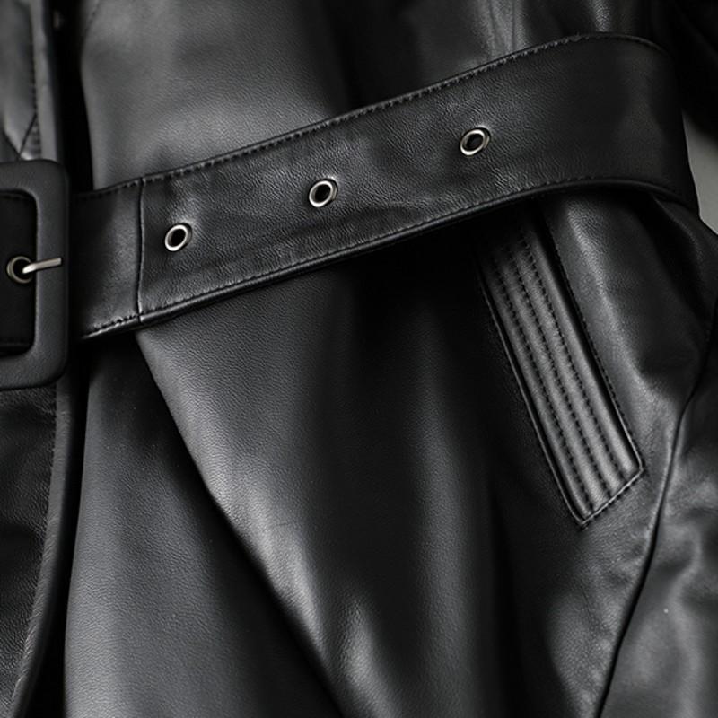 Women V Vintage Neck Long Down Jacket Winter Warm Coats 2021 Belted Loose Fit Sheepskin Overcoat Ladies Genuine Leather Women's & Faux