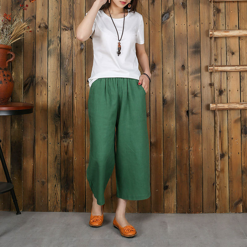 Arrival Summer Style Women Pants Plus Size High Waist Loose Casual Wide Leg Solid Cotton Linen Calf-length D164 210512