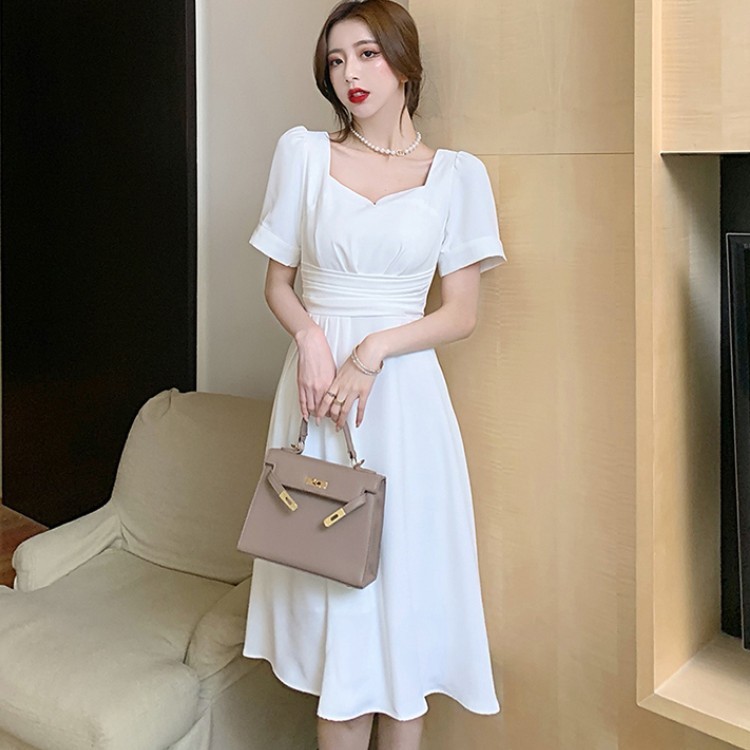 French Retro Temperament White Square Collar Party Dress Summer Elegant Puff Sleeve Female High Waist Slim A-Line Dresses 210519