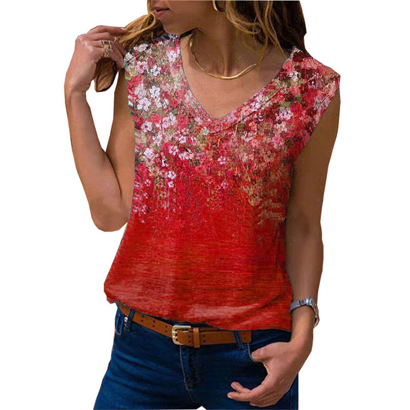 Plus Size 5XL Ladies Tshirt Women Beach Summer Sleeveless Floral Print V-neck Casual Loose Female Pullover Tops Street Tank Tees 210522