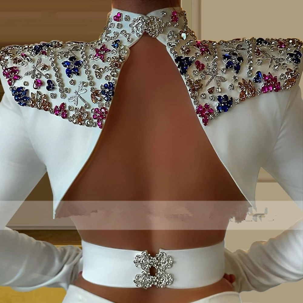 White Evening Dresses for Women Elegant Long Sleeve High Neck Plus Size Keyhole Back Formal Prom Party Gown Beaded Abendkleider