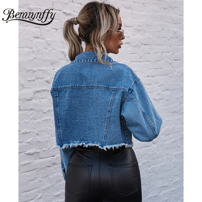Turndown Collar Long Sleeve Crop Jeans Jacket Women Spring Autumn Fashion Streetwear Denim Outwear Female 210510