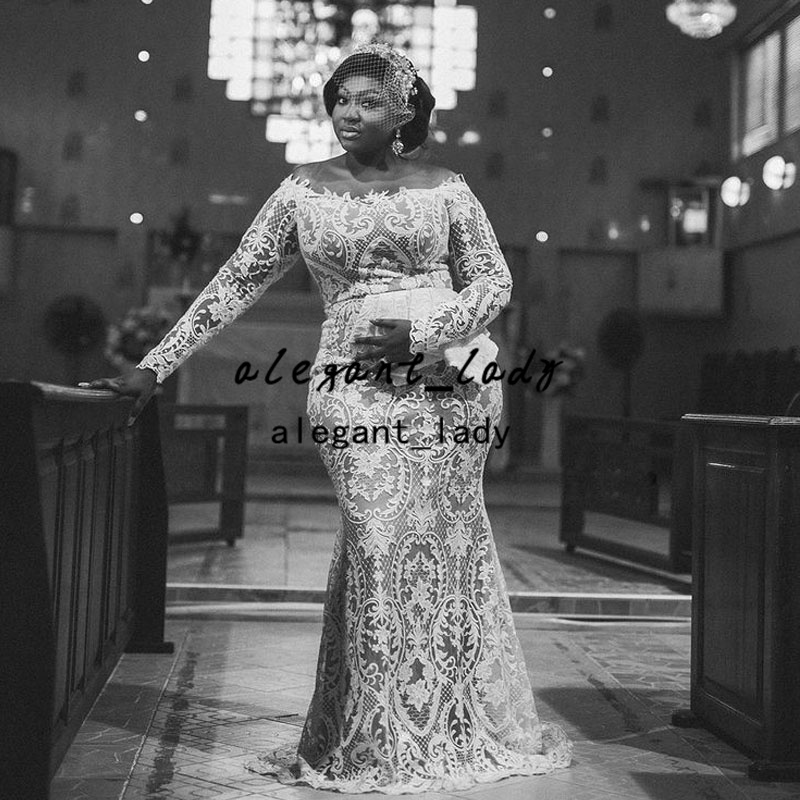 Plus Size African Mermaid Wedding Dresses 2022 Full Lace Long Sleeve Aso Ebi Peplum Nude Lining Garden Church Bridal Gowns Robes