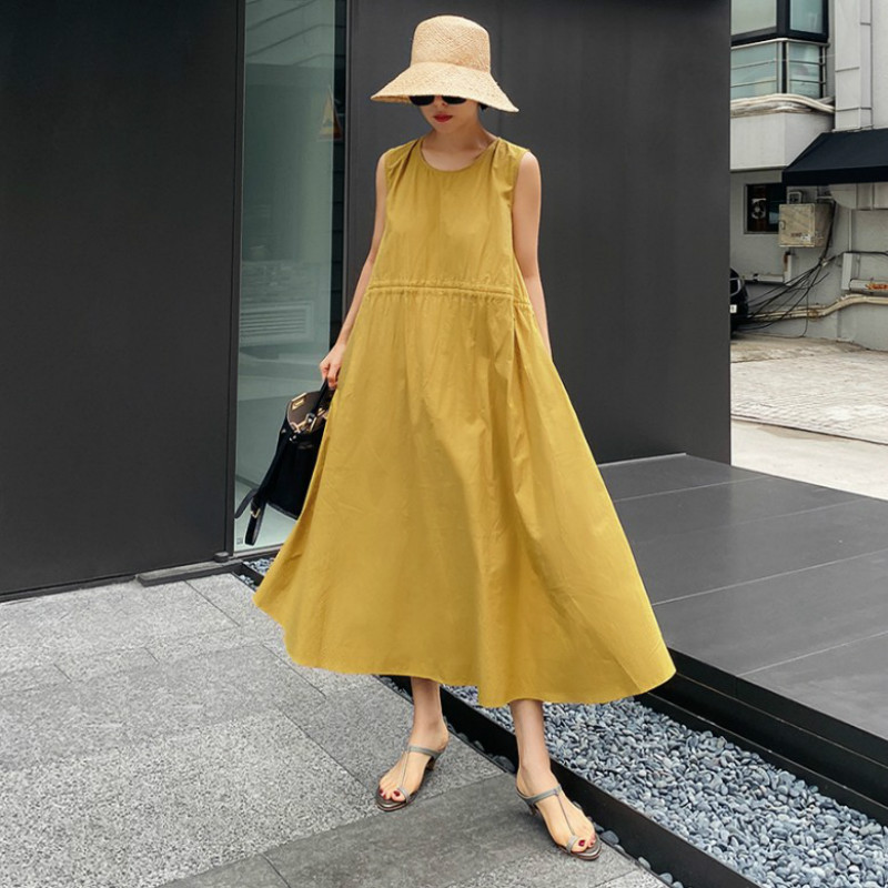 Casual Sleeveless Solid Color Drawstring Round Neck A-E Midi Dress