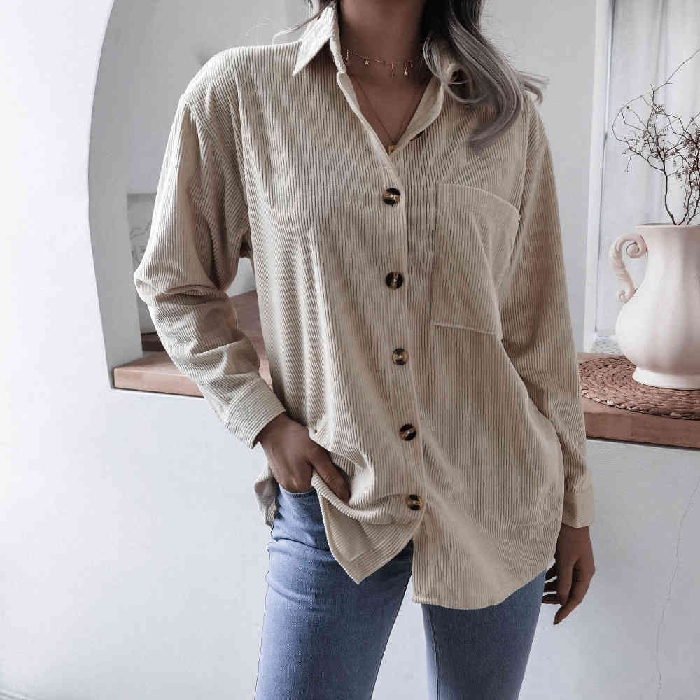 Shirts For Women Casual Loose Spring Autumn Corduroy Purple Long Sleeve Button Up Collared Ladies Tops Fashion New Blouses 210415