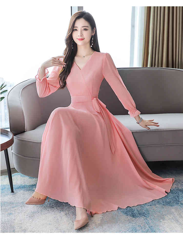 Plus Size S-3XL Autumn Bohemian Long Dress Women's Bowknot Sexy V-Neck Sleeve Women Chiffon Beach Vestidos 210519