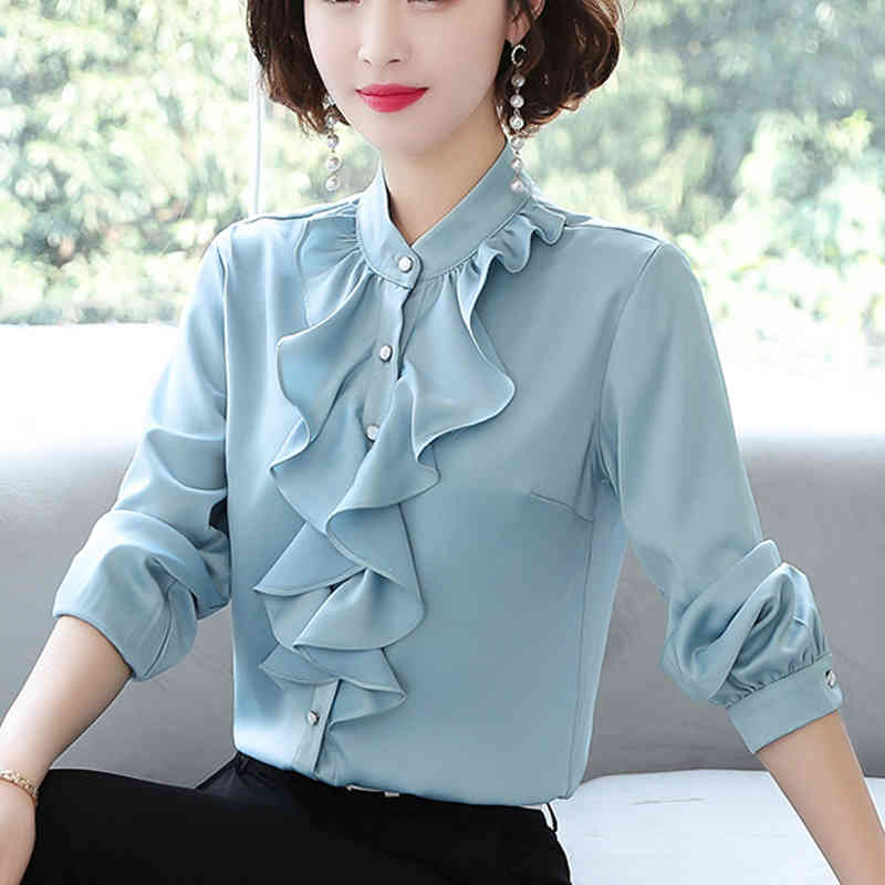 Women White Silver Tops Blouses Long Sleeve Womens Work Ruffle Shirts Stand Collar Slim Waist Office Ladies Camisa 2032A 210420