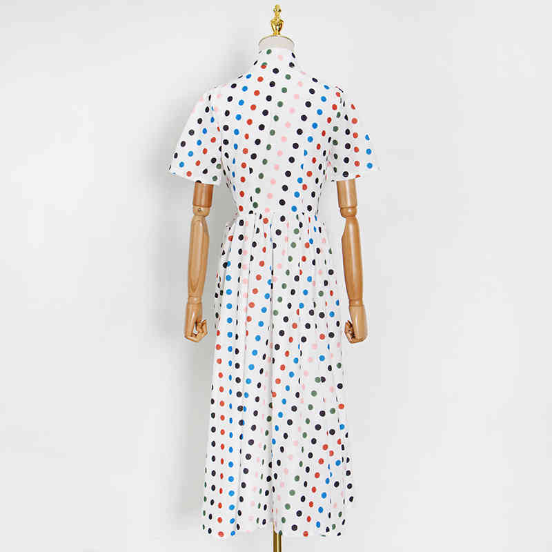Dot Print Patchwork Bowknot Dress For Women Lapel Short Sleeve High Waist Casual Midi Dresses Female Fashion Summer 210520