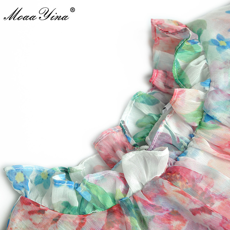 Bohemia Vacation Long Floral Dress Fashion Women's Summer Lantern Sleeve Ruffle Hem Boho A Line Chiffon 210524