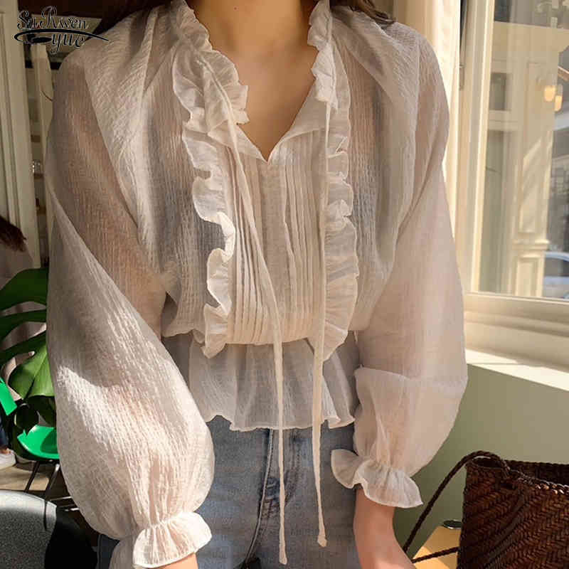 Fashion Lace Up Chiffon Women Blouse Casual Puff Sleeve Shirts Solid Color Ladies Tops Spring Clothing 13611 210508