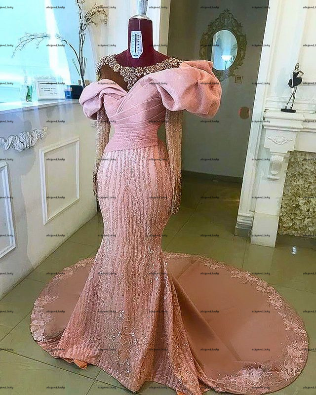 Sheer O-neck Puffy Long Sleeve Wedding Dresses Hot Pink Sparkly Lace Beaded Mermaid African Nigeria Arabic Aso Ebi Bridal Gowns