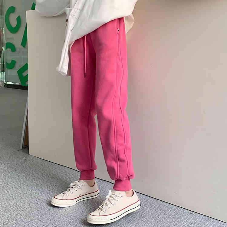 Nomikuma Autumn Winter Fleece Thick Sweatpants Lace Up Stretch High Waist Long Trousers Causal Solid Women Harem Pant 6D294 210427