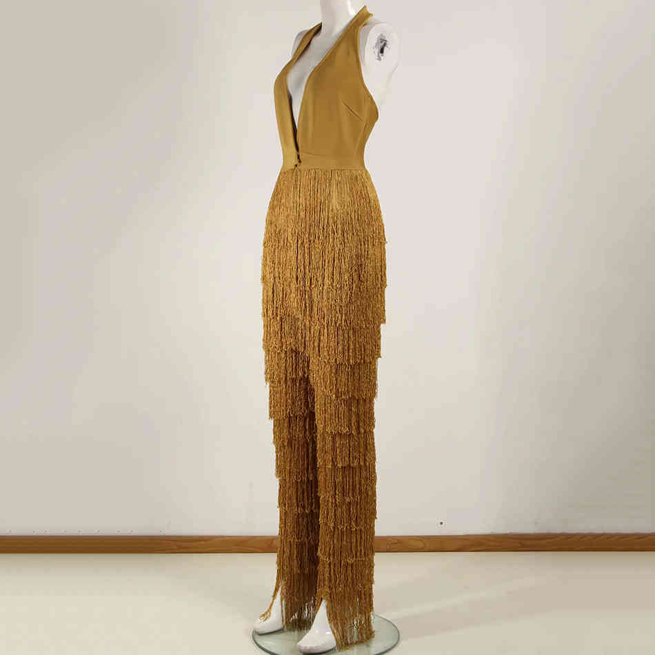 Summer Ladies Bandage Jumpsuit Yellow Tassel Bodycon Club V-Neck Party Sexy Spandex 210525