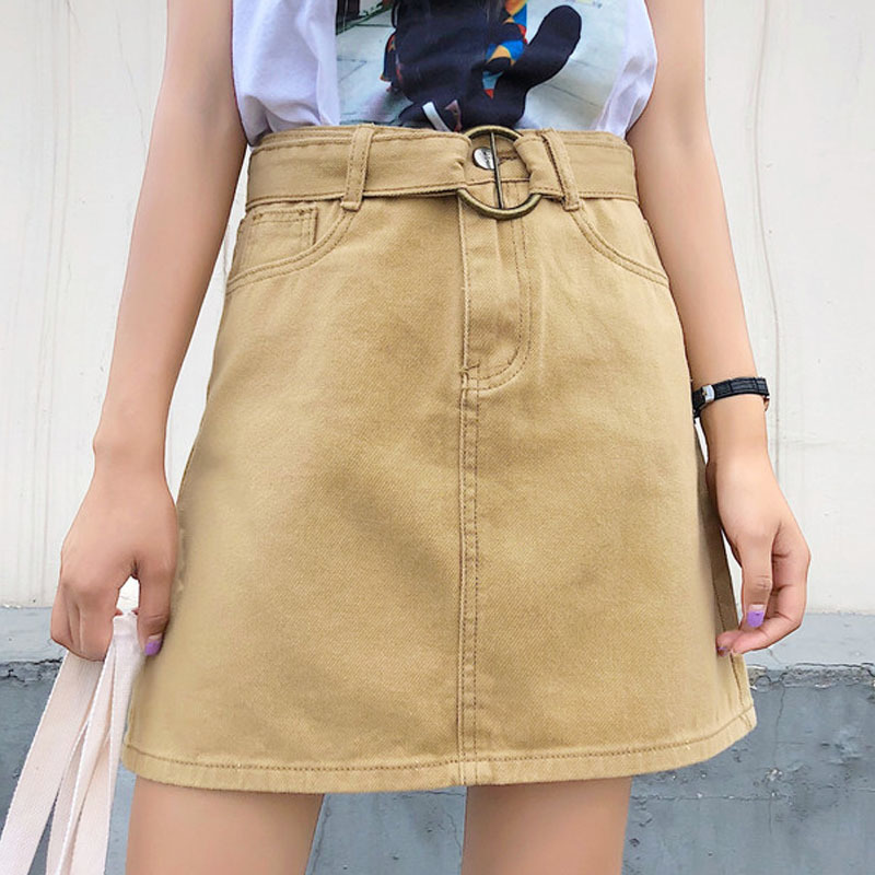 Summer Fashion Women Skirts Denim High Waist A-line Mini with Belt Solid Jean Harajuku 6066 50 210506