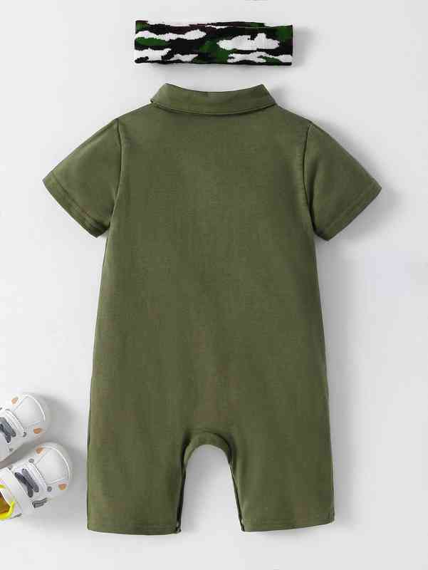 Baby Letter Graphic Kangaroo Pocket Polo Neck Romper SHE
