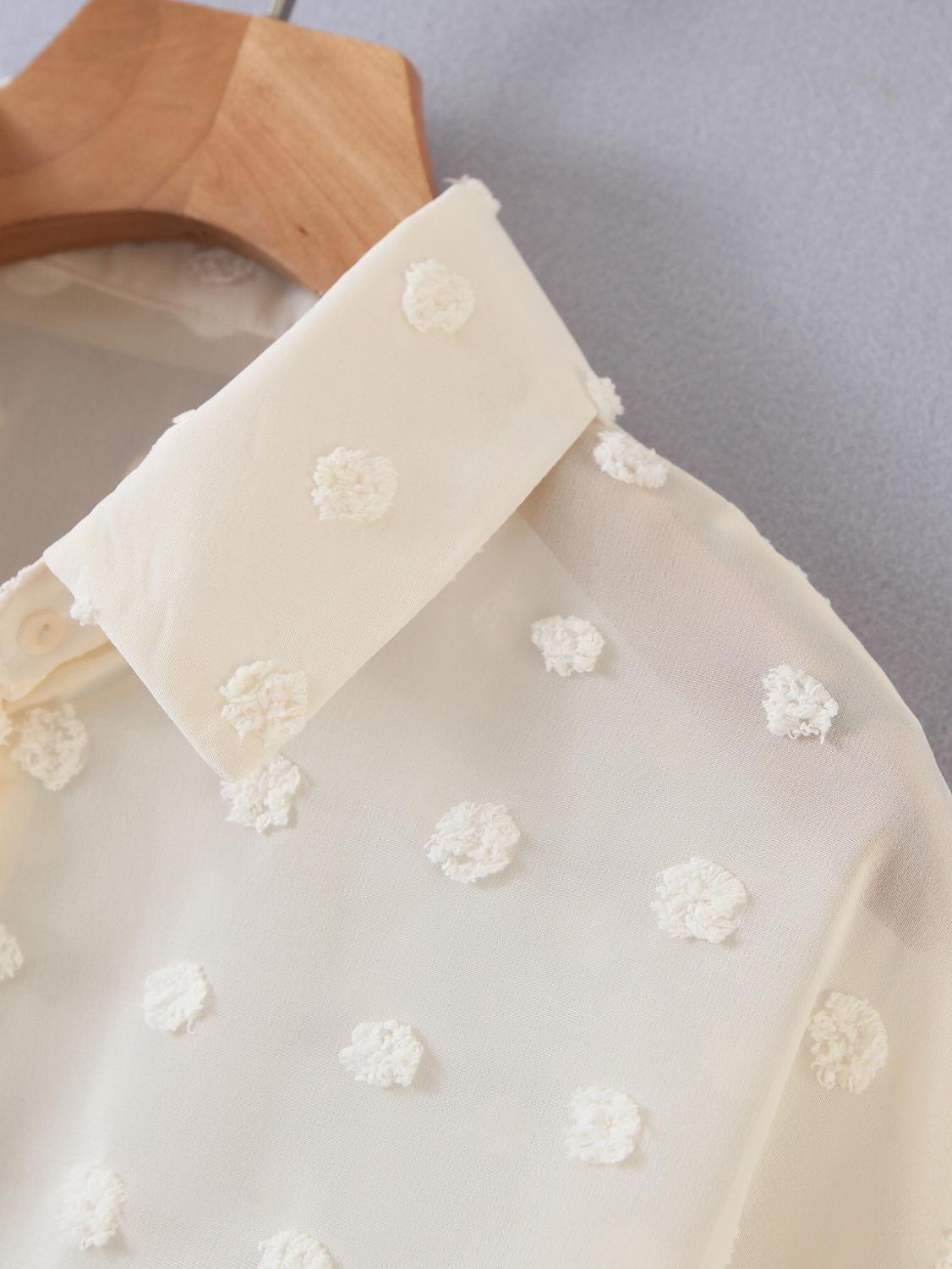 Romantic See through 3D Dot Chiffon Shirt Beige Retro Woman Stitching Elastic Lantern Long sleeve Blouse Sweet Tops Blousas 210429