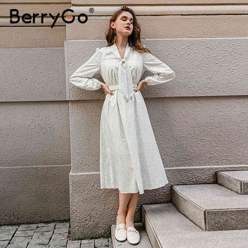 BerryGo Polka dot black elegant dress women Lantern sleeve tie neck long dresses spring A-line office ladies party dress vestido 210409