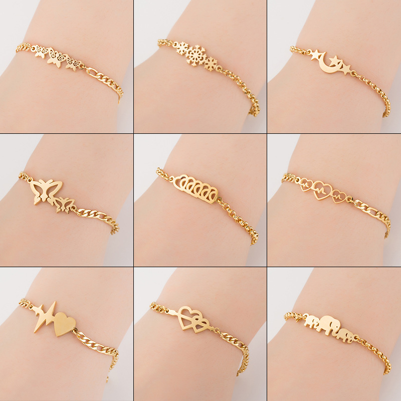 Stainless Steel Charm Bracelet Butterfly Moon Heartbeat Heart Elephant Charms Bracelets Women Girls Fashion Jewelry Gold Chains, Golden;silver
Stainless Steel Charm Bracelet Butterfly Moon Heartbeat Heart Elephant Charms Bracelets Women Girls Fashion Jewelry Gold Chains, Golden;silver