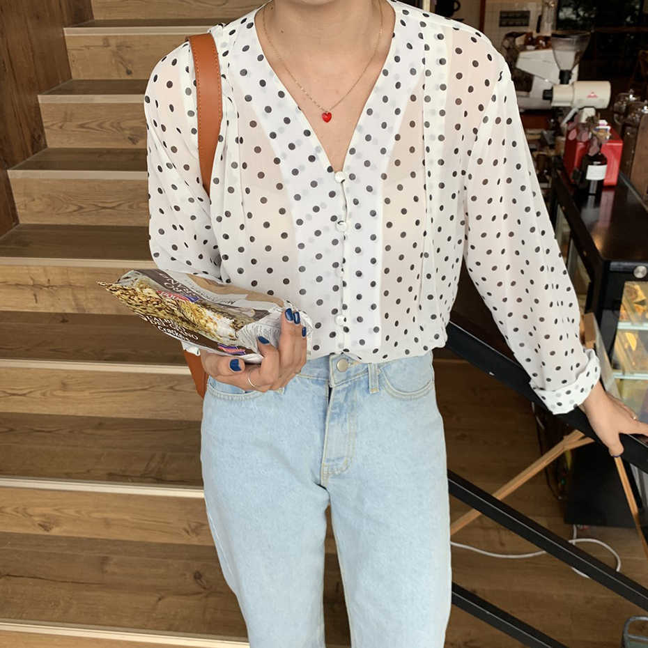 Women Long Sleeve Shirts Fashion Polka Dot Chiffon Shirt Womens Tops Blouses OL Transparent Blusa Mujer White Blouse 210601