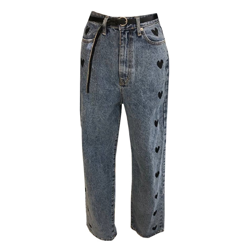 Nomikuma Autumn New Women Jeans Pants Korean Love Heart Printed Long Trousers Causal High Wiast Straight Demin Pants 6C597 210427
