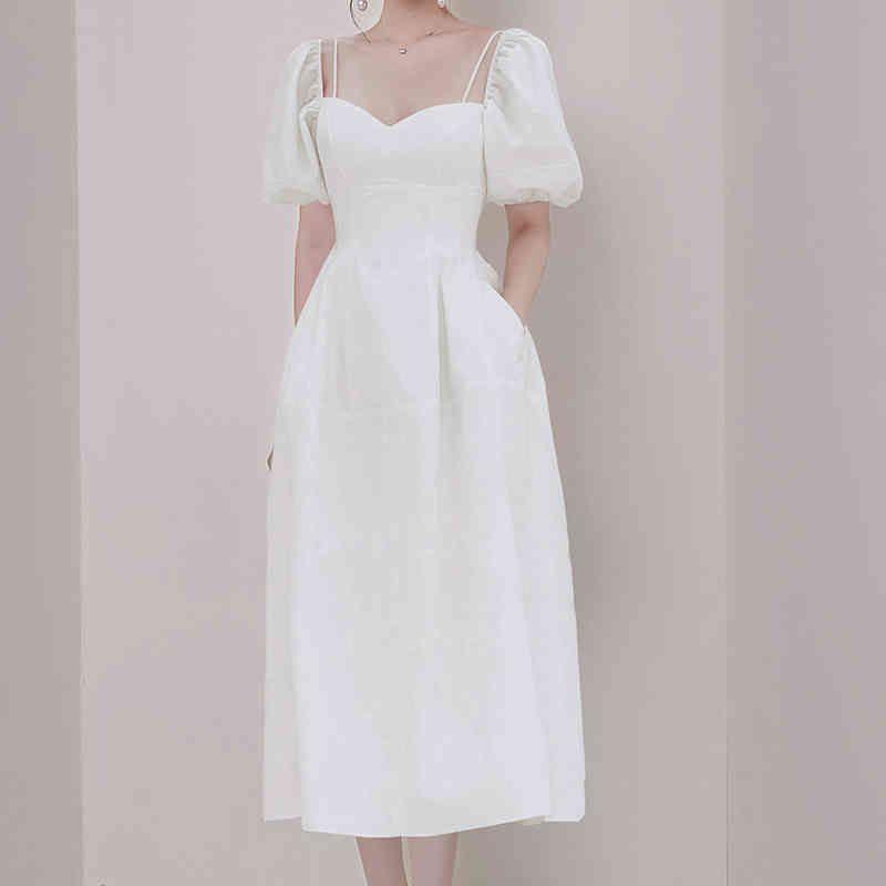 Fashion Summer Women White Elegant Dress V neck Puff sleeves Mid-calf Solid Empire Slim Party 210506