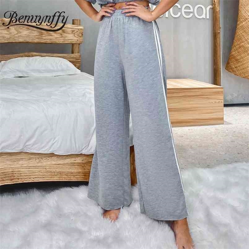 Gray Side Striped High Elastic Waist Pants Women Autumn Korean Style Casual Trousers Ladies Streetwear Wide Leg 210510