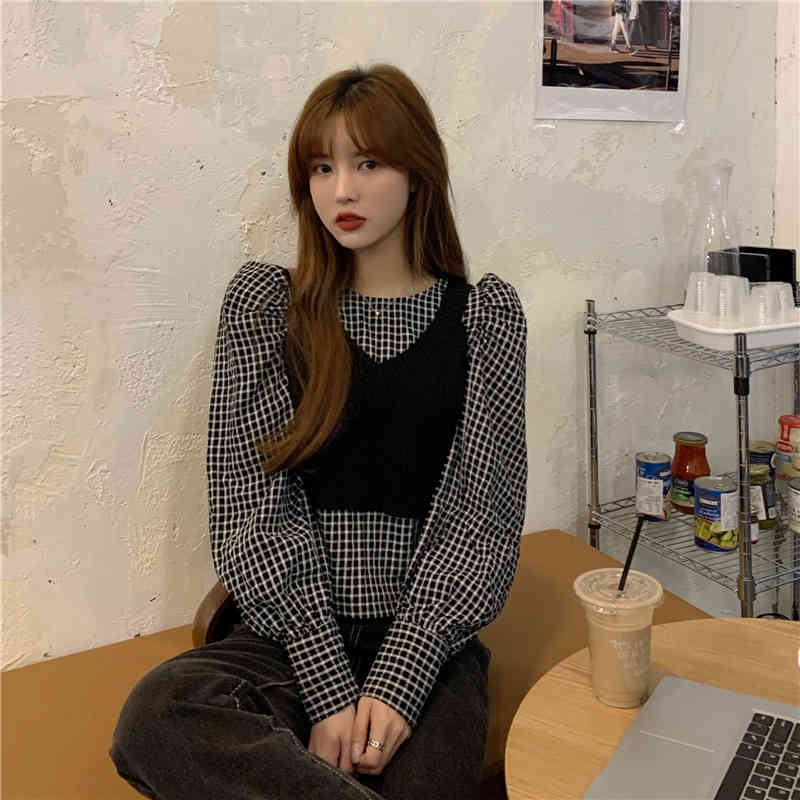 Nomikuma Women Plaid Blouse 2piece Sets Puff Long Sleeve O-neck Shirt + V-neck Short Sleeveless Lace Up Vest Outfits 6C586 210427