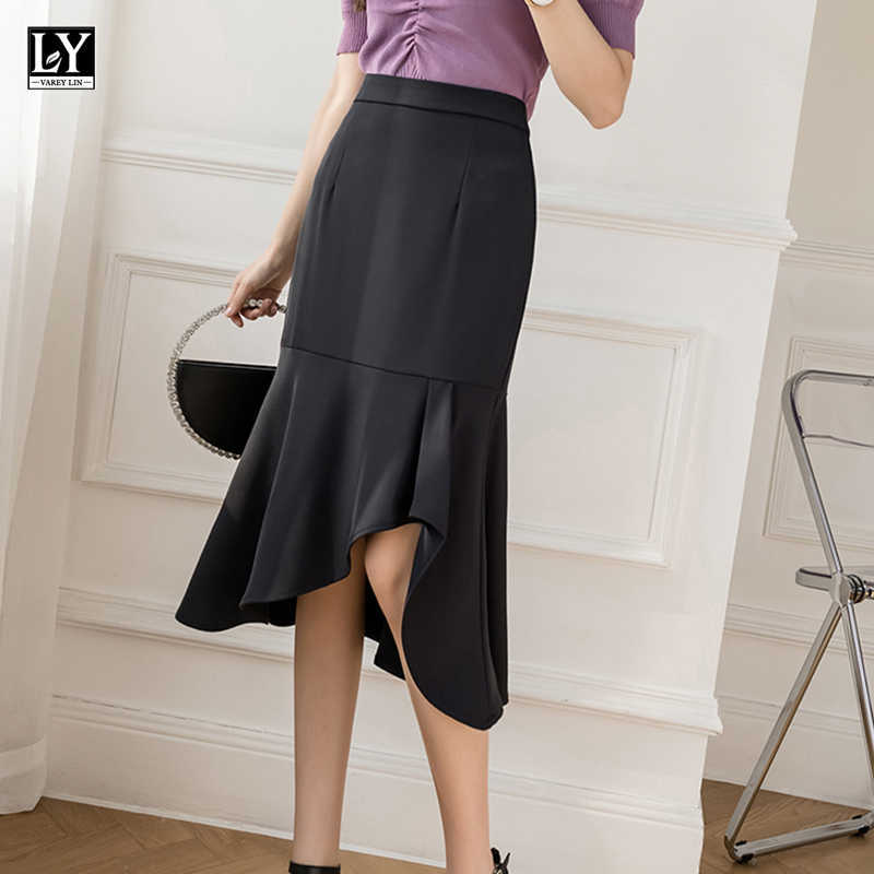 LY VAREY LIN Summer Women Casual Ruffles Asymmetrical Ladies Skirt High Waist Solid Color Black Knee-length Female Skirts 210526