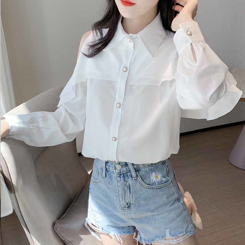 Women Temperament Korean Fashion Loose Reffles Turn-down Collar White Blouse Autumn Off-Shoulder Chiffon Shirt Blusas 10844 210518