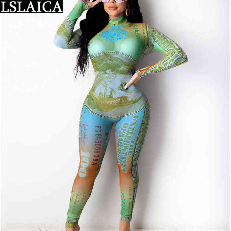Jumpsuit Women Fashion Bodysuit Novelty Streetwear Night Club Sexy Printed Mesh Long Sleeve O Neck Bodys Para Mujer 210515