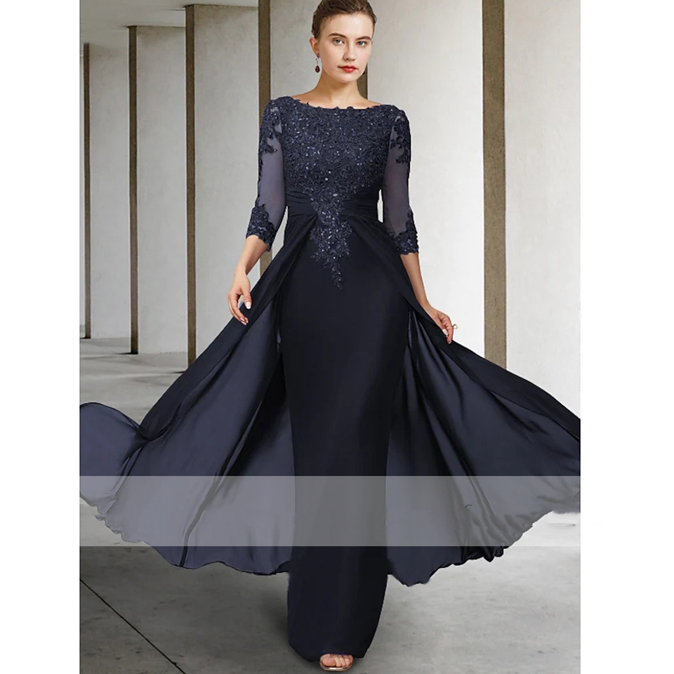 Graceful Purple Sheath Long Evening Dresses For Women Jewel neck Lace Appliqued Beads 3/4 Long Sleeve Mother Guest Formal Occasion Wear 2022 Prom Part