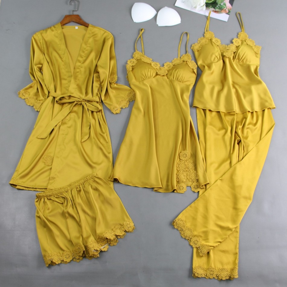 Lady Kimono Bathrobe Gown Sleep Set Satin Pajamas Lace Nightgown Sleepwear Sexy Bridal Wedding Gift Nightwear Pyjamas, E yellow