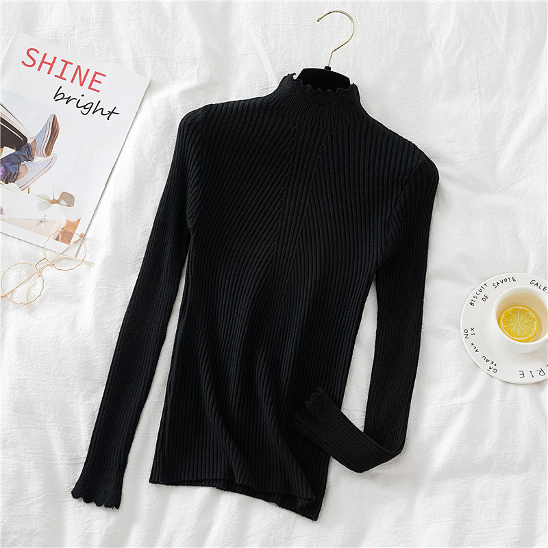 Knitted Women Ruffle Turtleneck Sweater Pullovers Casual Solid Autumn Winter Basic Womens Sweaters Slim Fit Jumpers 210519