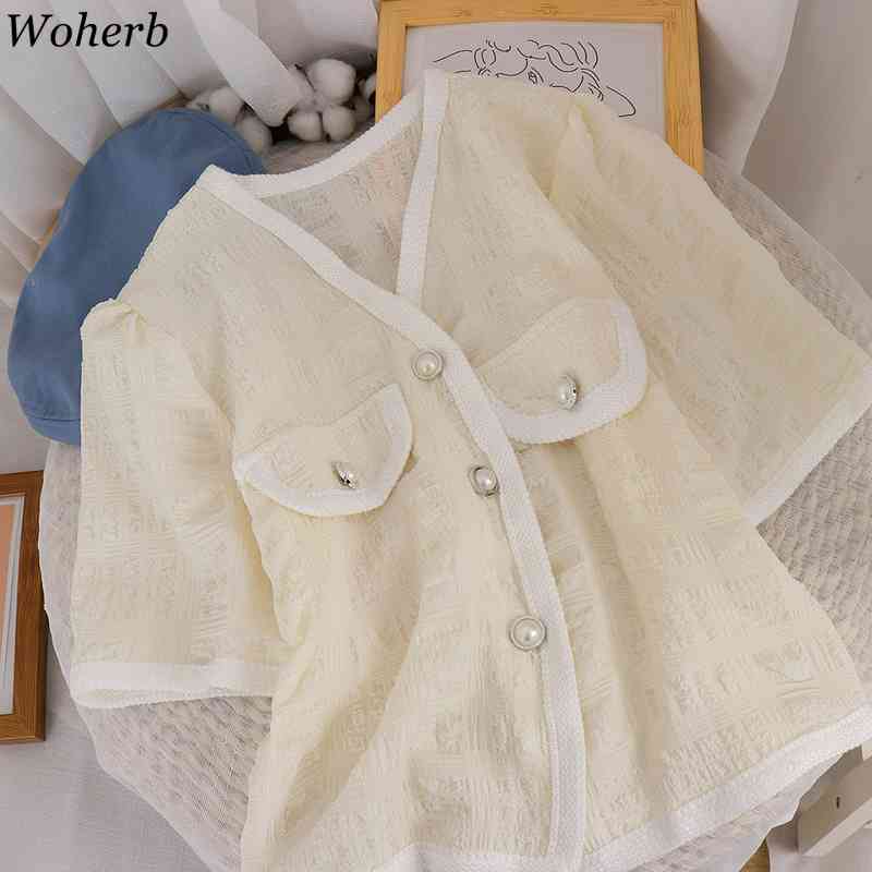 Summer Thin Blouse Women Shirts V Neck Short Loose Cardigan Tops Vintage Korean Chic Single Breasted Blusas Mujer 210519