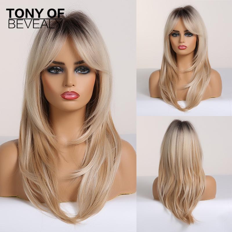 Synthetic Wigs Long Black To Blonde Ombre For Women Afro Cosplay With Bangs Wavy Layered Heat Resistant Fiber