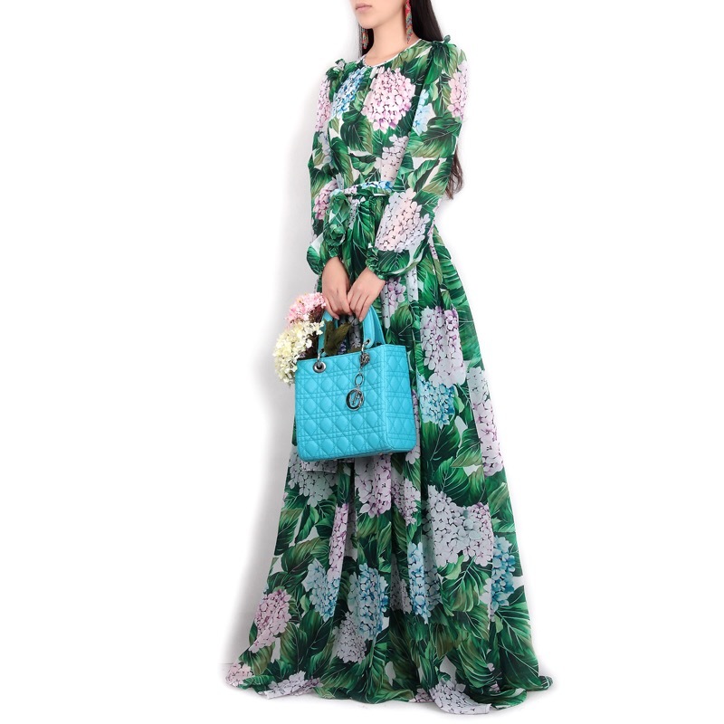 Spring Runway Maxi Dress Women's Long Sleeve Casual Bohemian Party Holiday Green Leaves Floral Printed 210421