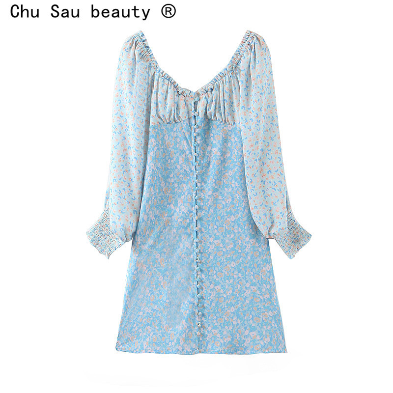 beauty Woman Summer Dress Fresh Romantic Floral Stitching Single-breasted Chiffon Long-sleeved Dresses 210514