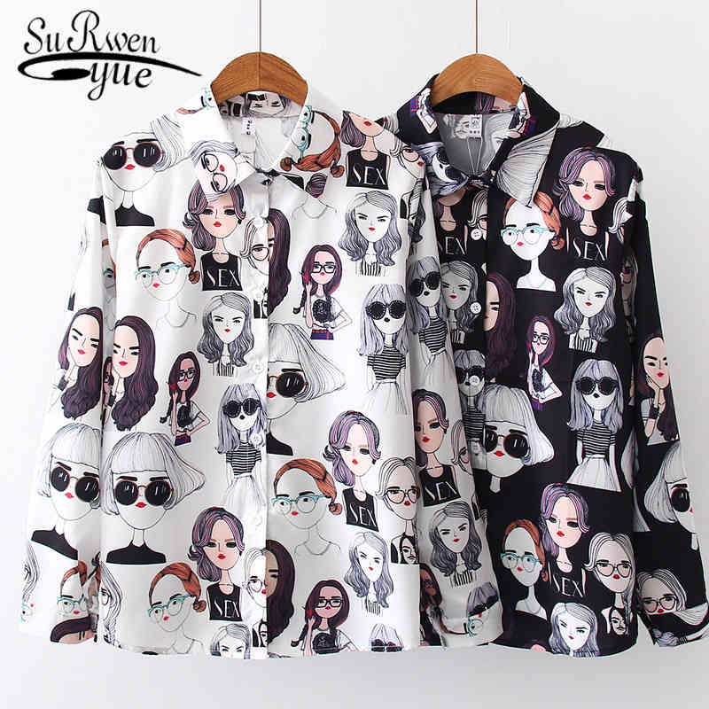 Loose Blouses Cute Cartoon Shirts Women Tops Korean Style Vintage Beauty Print Long Sleeve Blouse POLO Collar Shirt 6712 50 210508